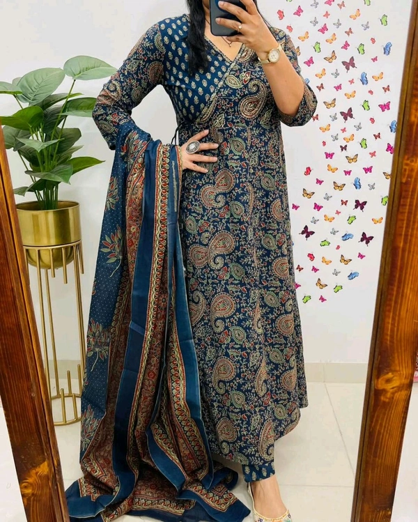 LCJ 5647 *New Anarkali Cotton  kurta set with 
 printed cotton kurta & pant or dupa hand work  - Blue, 2XL-44