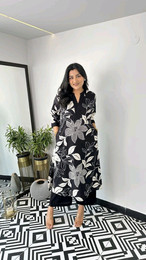 LCJ 5656  New Stylish  rayon  kottan kurti pant set 
 - Black, M-38