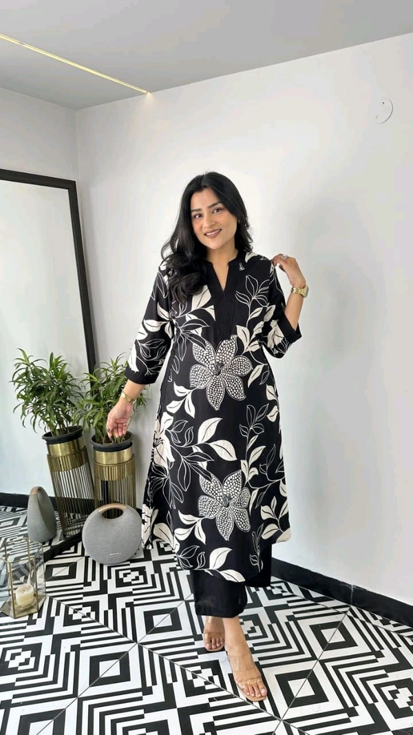 LCJ 5656  New Stylish  rayon  kottan kurti pant set 
 - Black, XL-42