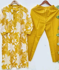 LCJ 5656  New Stylish  rayon  kottan kurti pant set 
 - Yellow, M-38