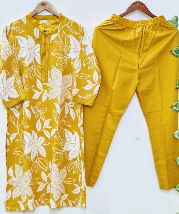 LCJ 5656  New Stylish  rayon  kottan kurti pant set 
 - Yellow, M-38