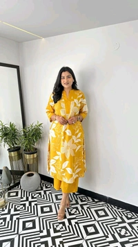 LCJ 5656  New Stylish  rayon  kottan kurti pant set 
 - Yellow, L-40