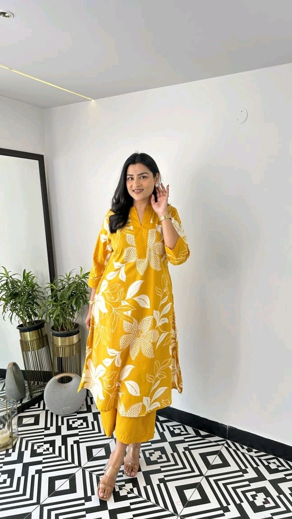 LCJ 5656  New Stylish  rayon  kottan kurti pant set 
 - Yellow, XL-42