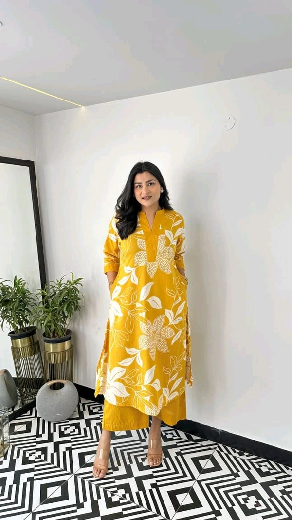 LCJ 5656  New Stylish  rayon  kottan kurti pant set 
 - Yellow, 2XL-44