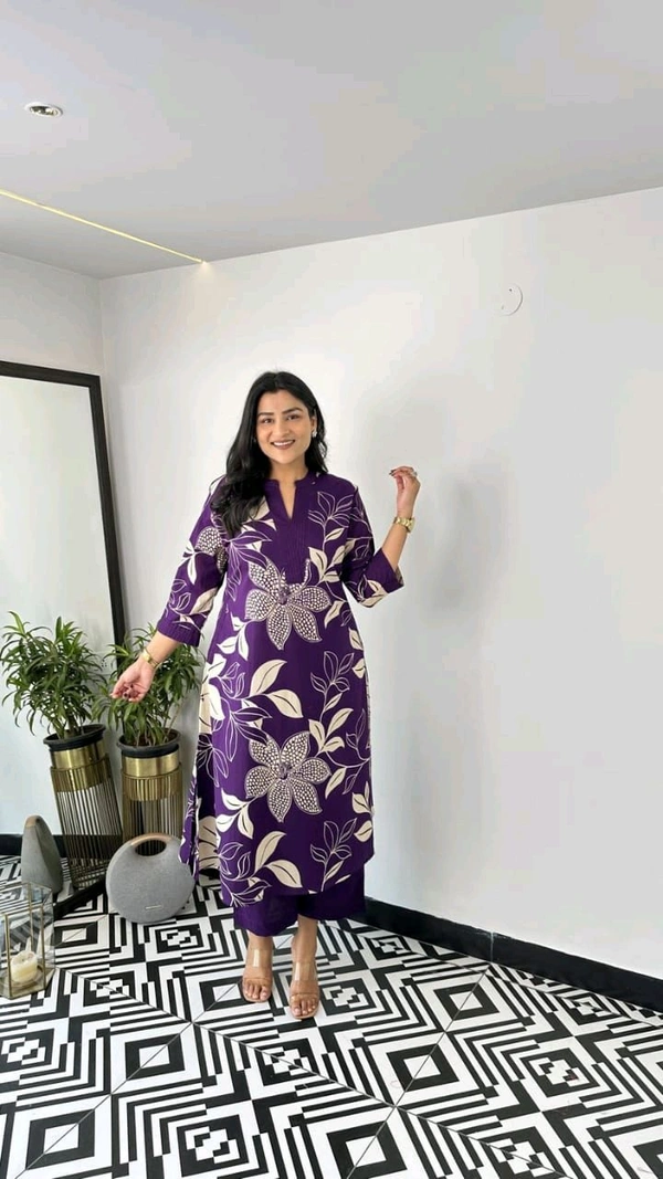 LCJ 5656  New Stylish  rayon  kottan kurti pant set 
 - Purple, L-40