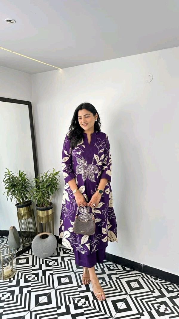 LCJ 5656  New Stylish  rayon  kottan kurti pant set 
 - Purple, L-40