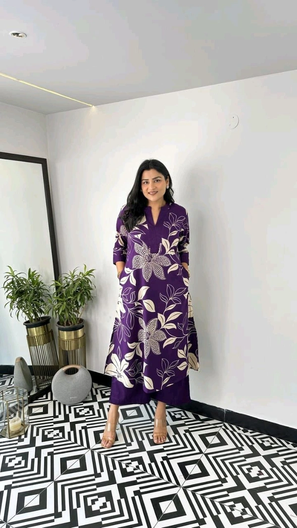 LCJ 5656  New Stylish  rayon  kottan kurti pant set 
 - Purple, 2XL-44
