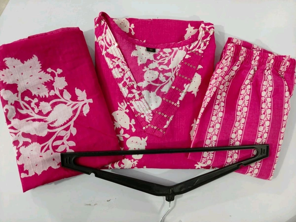 LCJ 5659 New Heavy Cotton Kurta Pant Dupatta  Sequence Work 
 - pink, XL-42