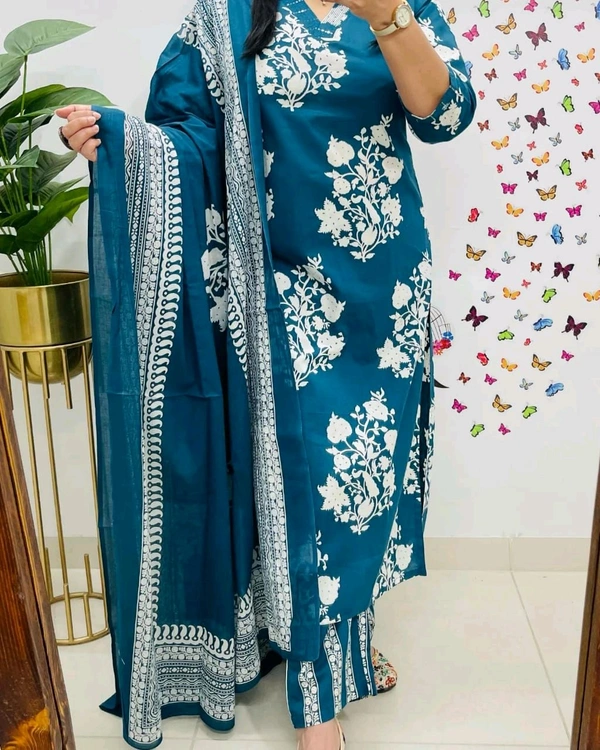 LCJ 5659 New Heavy Cotton Kurta Pant Dupatta  Sequence Work 
 - Blue, M-38
