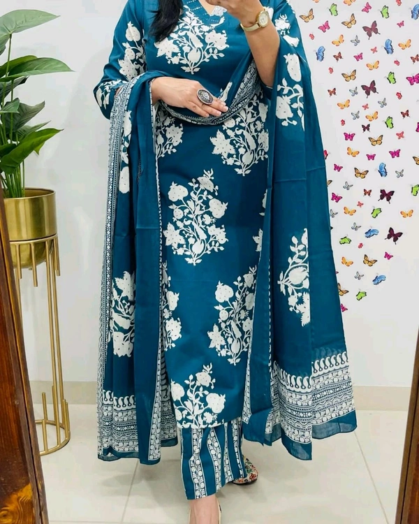 LCJ 5659 New Heavy Cotton Kurta Pant Dupatta  Sequence Work 
 - Blue, M-38