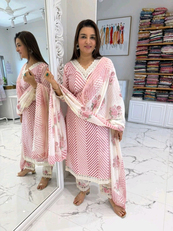 LCW 5662 Cotton febric Lahriya Design  Heavy less and Embroidery work on kurti Pant Dupatta  - Red, M-38