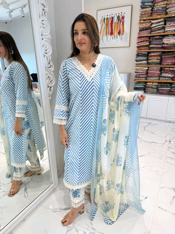 LCW 5662 Cotton febric Lahriya Design  Heavy less and Embroidery work on kurti Pant Dupatta  - Blue, XL-42