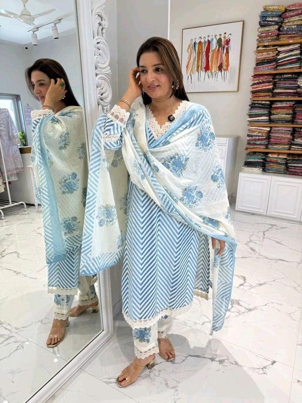 LCW 5662 Cotton febric Lahriya Design  Heavy less and Embroidery work on kurti Pant Dupatta  - Blue, XL-42