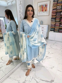 LCW 5662 Cotton febric Lahriya Design  Heavy less and Embroidery work on kurti Pant Dupatta  - Blue, XL-42