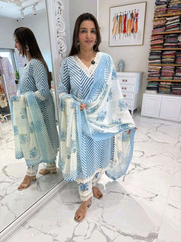 LCW 5662 Cotton febric Lahriya Design  Heavy less and Embroidery work on kurti Pant Dupatta  - Blue, XL-42