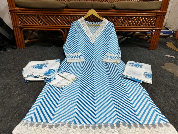 LCW 5662 Cotton febric Lahriya Design  Heavy less and Embroidery work on kurti Pant Dupatta  - Blue, XL-42