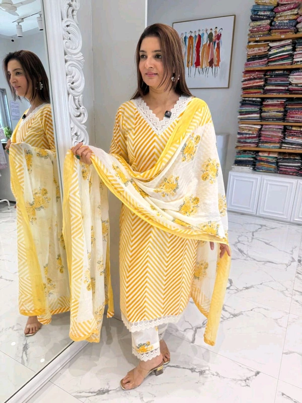 LCW 5662 Cotton febric Lahriya Design  Heavy less and Embroidery work on kurti Pant Dupatta  - Yellow, M-38