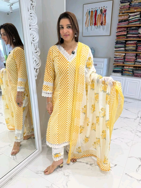 LCW 5662 Cotton febric Lahriya Design  Heavy less and Embroidery work on kurti Pant Dupatta  - Yellow, M-38