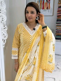 LCW 5662 Cotton febric Lahriya Design  Heavy less and Embroidery work on kurti Pant Dupatta  - Yellow, M-38