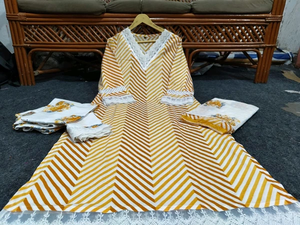 LCW 5662 Cotton febric Lahriya Design  Heavy less and Embroidery work on kurti Pant Dupatta  - Yellow, 2XL-44