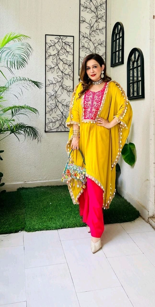 LCW 5676 NEW HAVE REYON SILK
 EMBROIDERY WORK KAFTAN WITH PANT
 EMBROIDERED WORK - Yellow, L-40