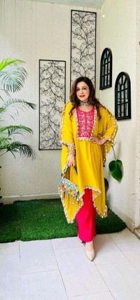 LCW 5676 NEW HAVE REYON SILK
 EMBROIDERY WORK KAFTAN WITH PANT
 EMBROIDERED WORK - Yellow, L-40