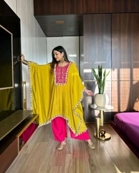LCW 5676 NEW HAVE REYON SILK
 EMBROIDERY WORK KAFTAN WITH PANT
 EMBROIDERED WORK - Yellow, L-40