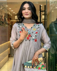 LCW 5677 New Very Beautiful 3ps Set Beautiful cotton fabric Anarkali kurti pant and dupatta. embroidery work - M-38