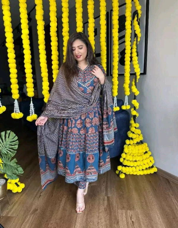LCW 5681 *New lounch Cotton Print Flair Anarkali Suit  With Handwork  - Blue, M-38