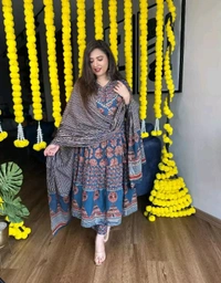LCW 5681 *New lounch Cotton Print Flair Anarkali Suit  With Handwork  - Blue, XL-42