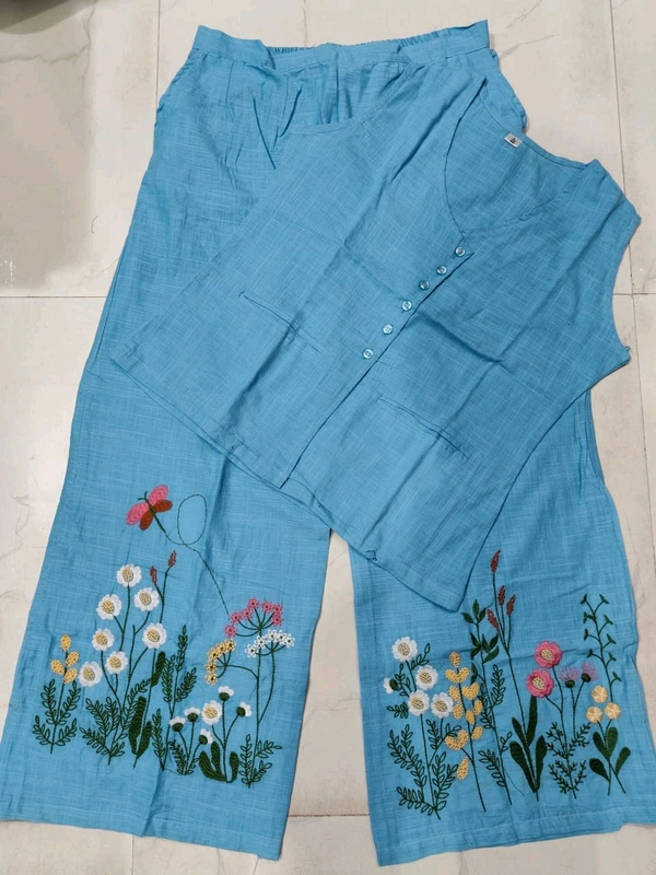 LCW 5688   New cotton Slub Kurta Top & Pant  beautiful colours  embroidery work - lite blue, L-40