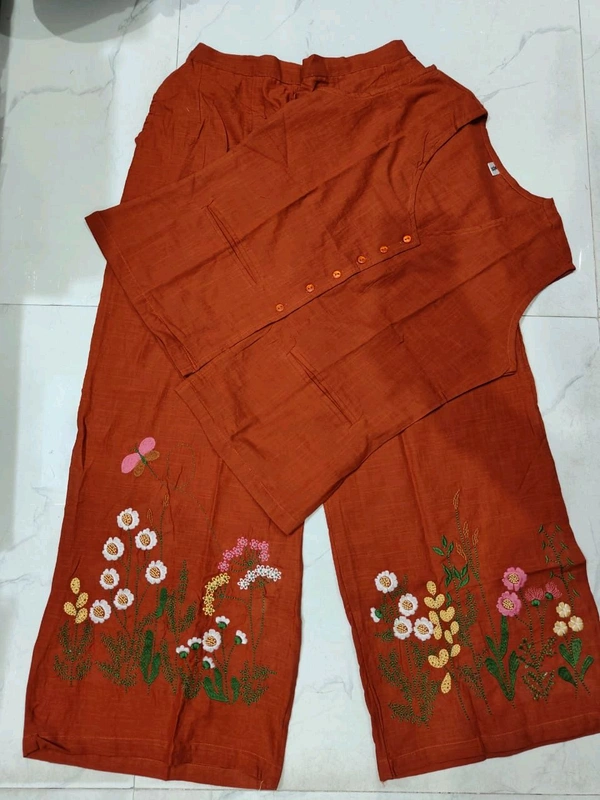 LCW 5688   New cotton Slub Kurta Top & Pant  beautiful colours  embroidery work - Brown, M-38