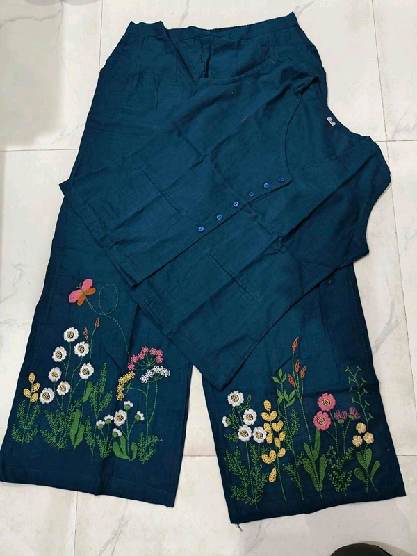 LCW 5688   New cotton Slub Kurta Top & Pant  beautiful colours  embroidery work - Blue, L-40