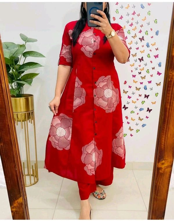 LCW 5689 beautiful a line cord _set Jaipur print  border Design Less work Kurti with side pocket- Pure mal  cotton - Red, 3XL-46
