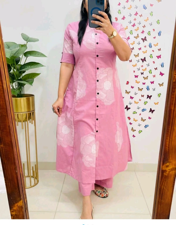 LCW 5689 beautiful a line cord _set Jaipur print  border Design Less work Kurti with side pocket- Pure mal  cotton - Pink, 3XL-46