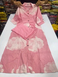 LCW 5689 beautiful a line cord _set Jaipur print  border Design Less work Kurti with side pocket- Pure mal  cotton - Pink, 3XL-46