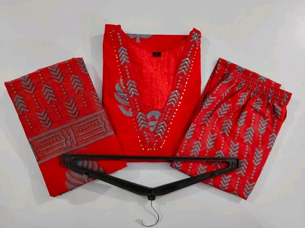 LCW 5691  very pretty and beautiful  Pure Cotton Hand Work  Kurti With Pant Dupatta  - Red, M-38