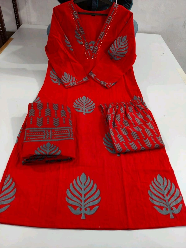 LCW 5691  very pretty and beautiful  Pure Cotton Hand Work  Kurti With Pant Dupatta  - Red, L-40
