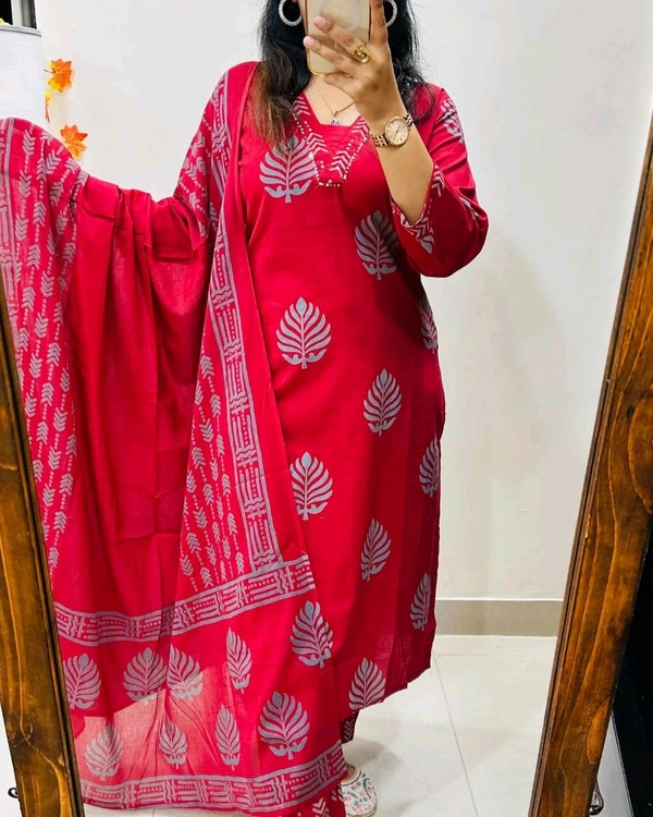 LCW 5691  very pretty and beautiful  Pure Cotton Hand Work  Kurti With Pant Dupatta  - Red, XL-42