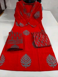 LCW 5691  very pretty and beautiful  Pure Cotton Hand Work  Kurti With Pant Dupatta  - Red, 2XL-44