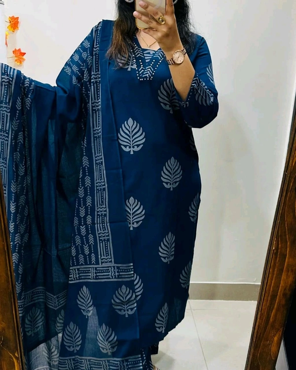 LCW 5691  very pretty and beautiful  Pure Cotton Hand Work  Kurti With Pant Dupatta  - Blue, 2XL-44