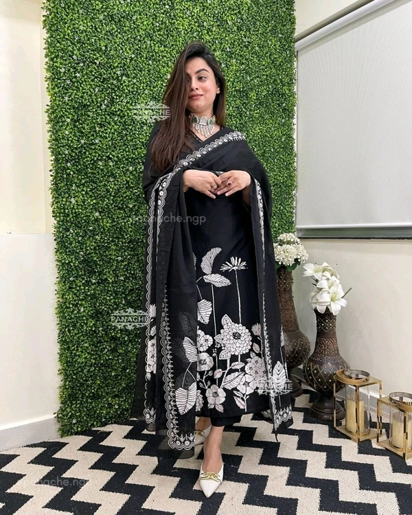 LCW 5692 *Cotton kurti with digital print with pant and Chanderi printed dupatta  - L-40