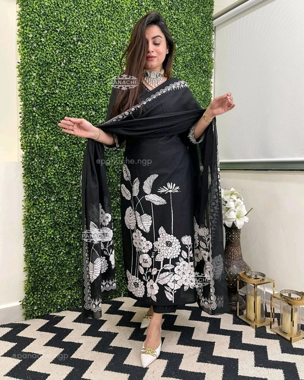 LCW 5692 *Cotton kurti with digital print with pant and Chanderi printed dupatta  - XL-42