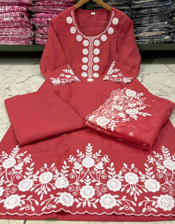 LCW 5693 New*Pure Roman silk suit set With Organza Dupatta  Beautiful Mirror Work  - Orange, XL-42