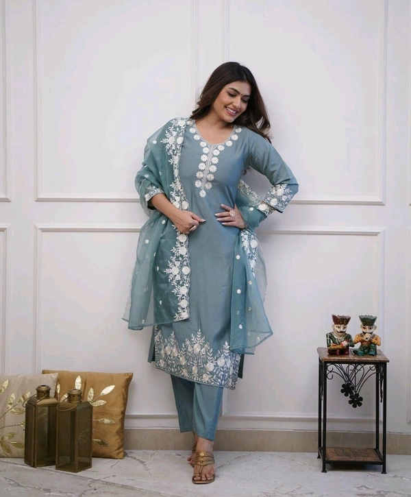 LCW 5693 New*Pure Roman silk suit set With Organza Dupatta  Beautiful Mirror Work  - Blue, XL-42