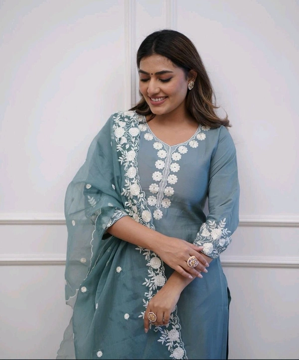 LCW 5693 New*Pure Roman silk suit set With Organza Dupatta  Beautiful Mirror Work  - Blue, XL-42