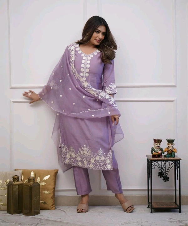 LCW 5693 New*Pure Roman silk suit set With Organza Dupatta  Beautiful Mirror Work  - Purple, M-38