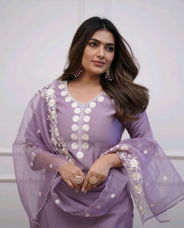 LCW 5693 New*Pure Roman silk suit set With Organza Dupatta  Beautiful Mirror Work  - Purple, XL-42