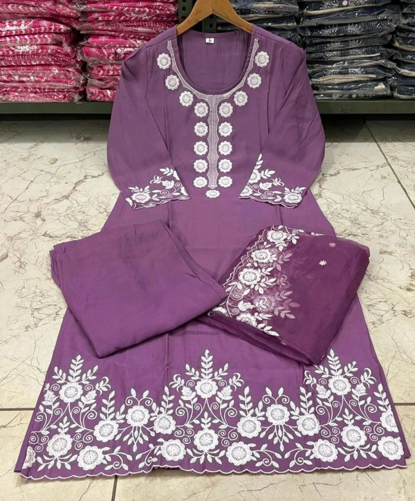 LCW 5693 New*Pure Roman silk suit set With Organza Dupatta  Beautiful Mirror Work  - Purple, 2XL-44