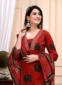 LCW 5700  Name: Women Fashionable Printed Hand Work  Cotton Rayon Kurti With Malmal Dupatta and Pant Set  - XL-42